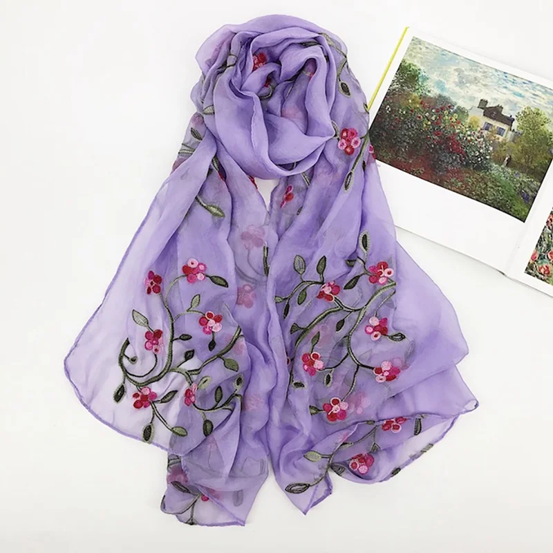 

90-180cm Women Embroidered Simulation Silk Cut Flower Scarf Scarves Girls Embroidery Wild Sunscreen Shawl Long Lace Scarfs W1