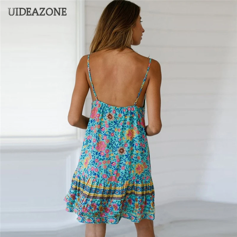 Женское платье на бретелях-спагетти UIDEAZONE богемное с V-образным вырезом оборками