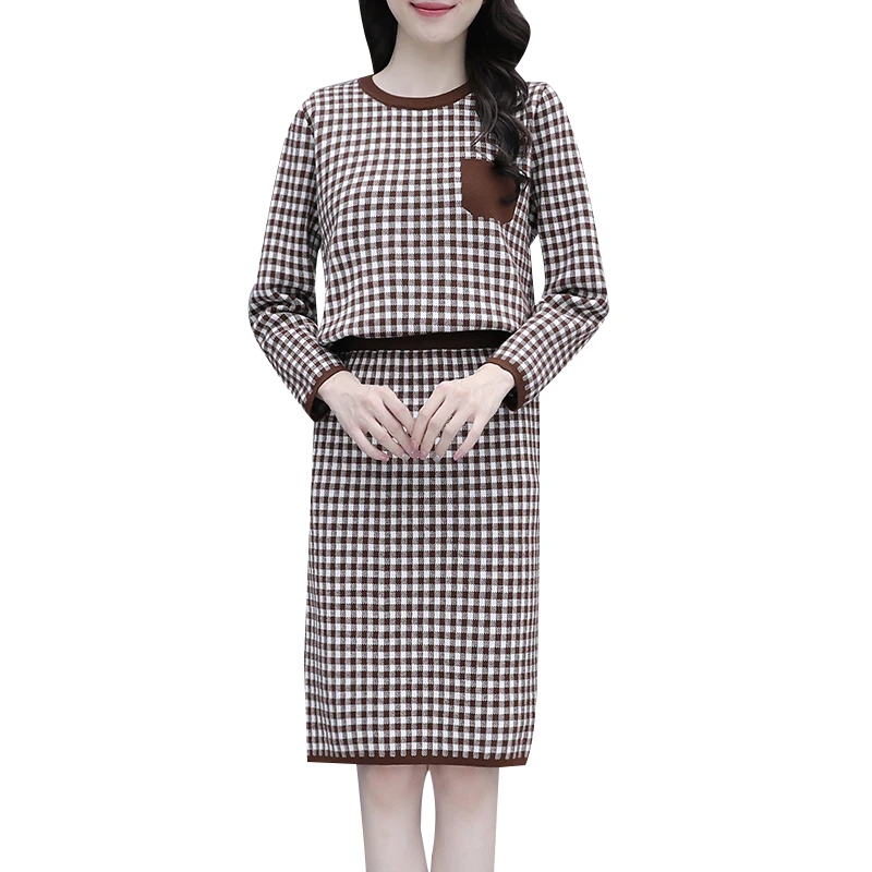 

2020 autumn women's fashion houndstooth lattice knitting tops +skirts suits new winter female plaid sweater 2 piece sets