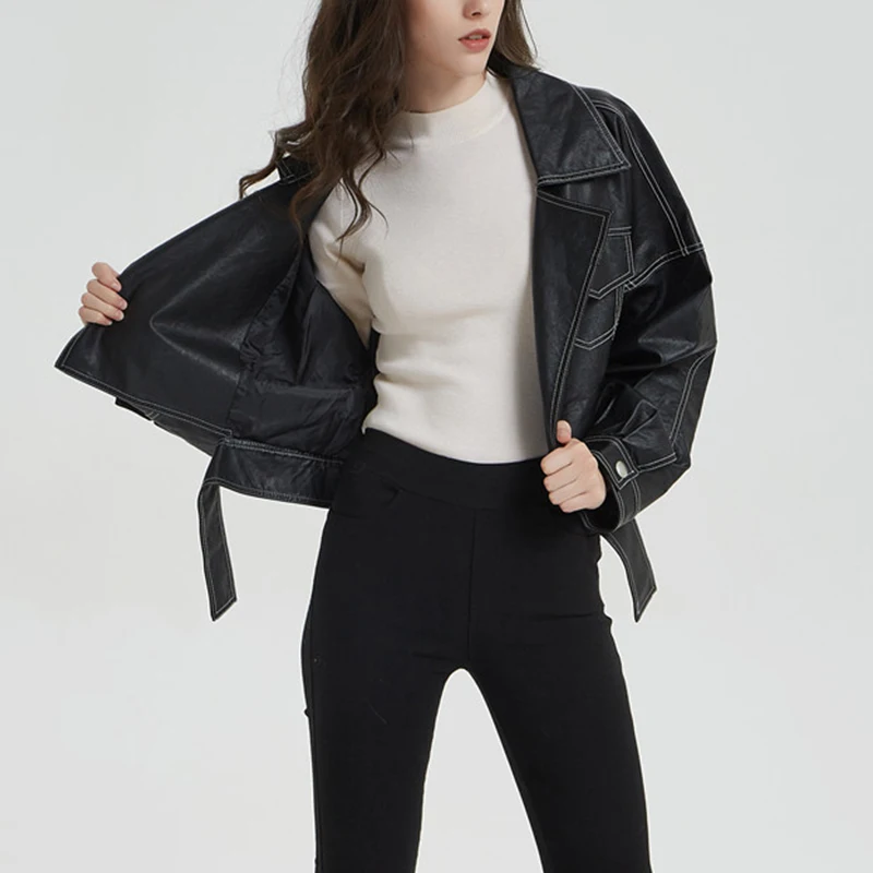 

Autumn 2019 Black Faux Leather Jacket Women Long Sleeve Female Jacket Outerwear Elegant Turn-down Collar Motorcycle Biker Jacket