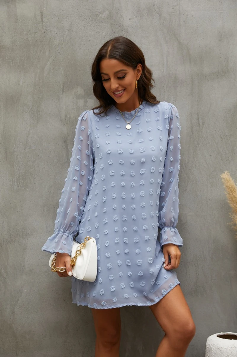 

Women Elegant Chiffon Jacquard Flare Sleeve Dress Office Lady Casual Bottomed Mini A-line Dresses