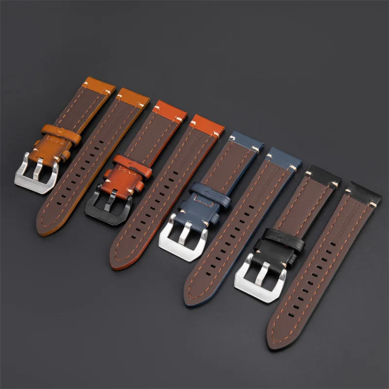 Cow Leather Watch Band 18mm 20mm 22mm 24mm Vintage Watch Strap Silver Buckle Bracelet Accessories for Panerai Fossil Watchband