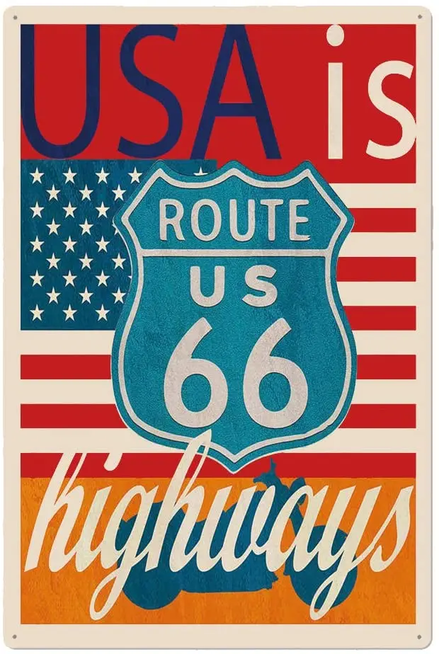 

Design Route 66 Pattern Tin Metal Signs Wall Art | USA is High Ways | Thick Tinplate Print Poster Wall Decoration