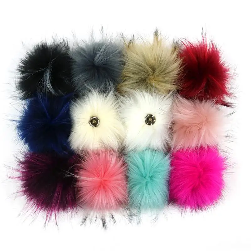 

10cm Artificial With Button Faux Raccoon Fur Ball Colorful Pom For Women Winter Hat Cap DIY Needlework Pompons Craft Supplies