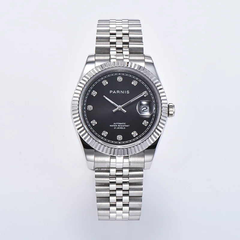

39mm parnis Black dial sapphire glass date automatic movement mens watch stainless steel Jubilee bracelet date display Luxruy