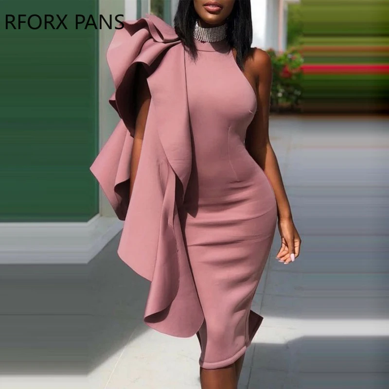 

Women Solid Elegant Halter Asymmetrical Ruffle Hem Party Bodycon Banquet Dress