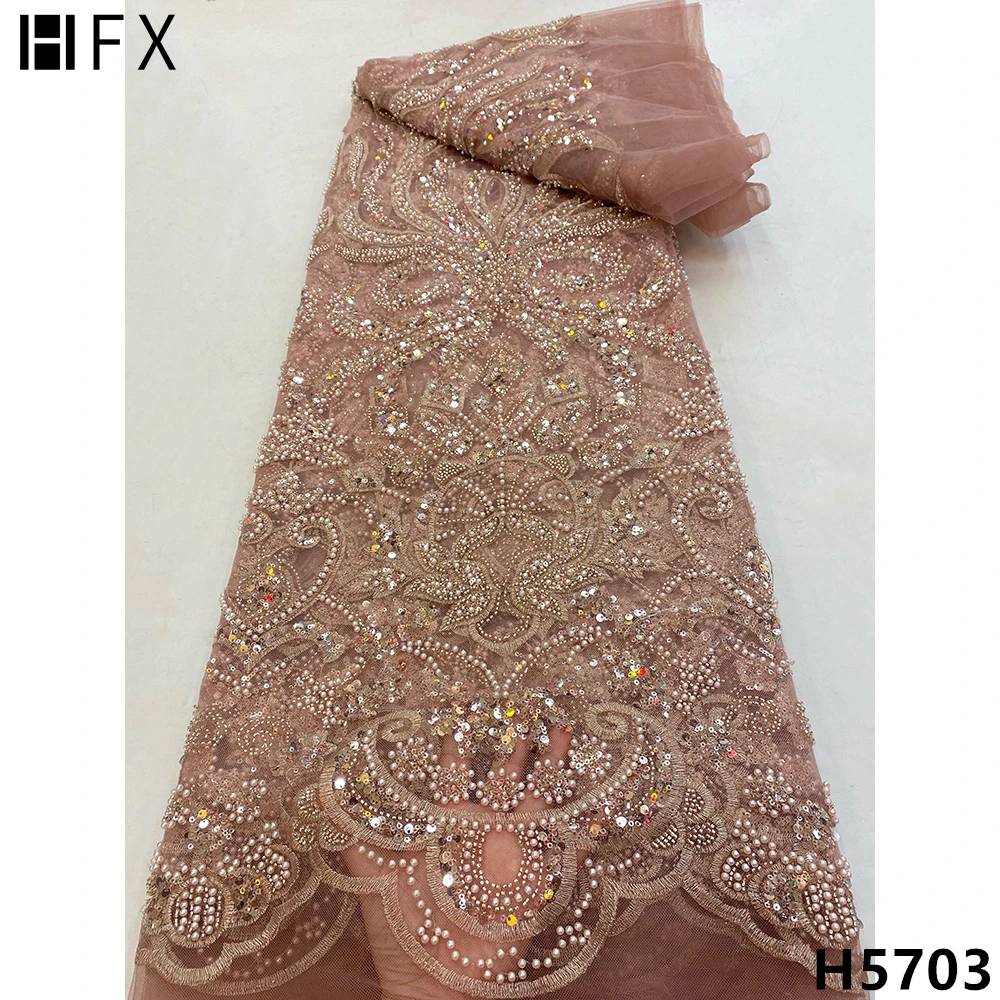 

HFX Luxurious Sequin Beaded Tulle lace Fabric 2021 High Quality Embroidery blush pink French Mesh Tulle Lace Evening Dress H5703