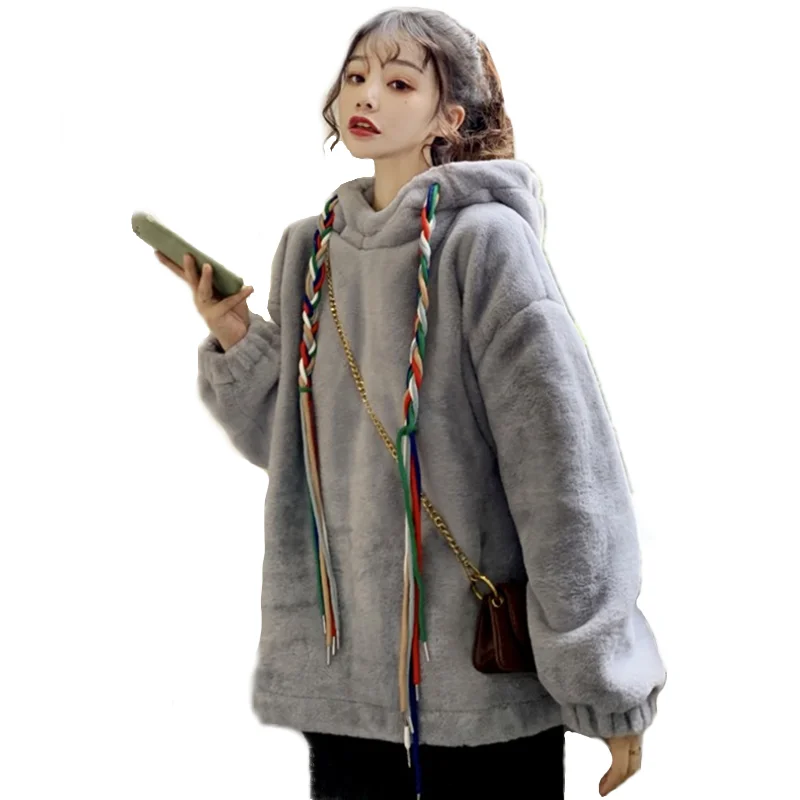 

Осенне-зимний однотонный милый флисовый свитшот с капюшоном, женская Свободная Повседневная теплая фланелевая Толстовка в стиле Харадзюку...