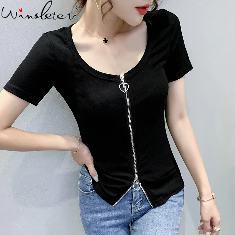 

Summer Korean Clothes Solid T-Shirt Chic Sexy O-Neck Love Zipper Women Tops Short Sleeve Pullover All Match Tees 2021 T17312A