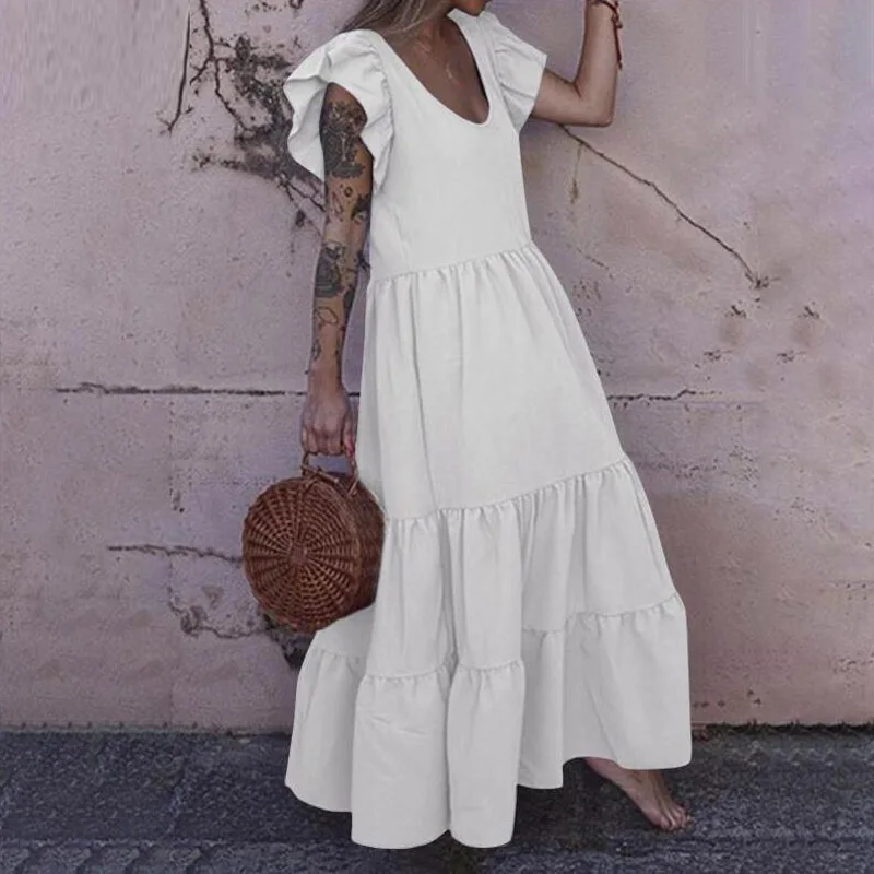 

Elegant V Neck Office Lady Long Dress Women Butterfly Sleeve Solid Boho Maxi Dress 2021 Summer Sleeveless Pleated Beach Dress