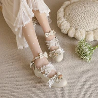 low heels 2021 girls mary jane shoes high heels bow lace princess lolita shoes big size 34 46