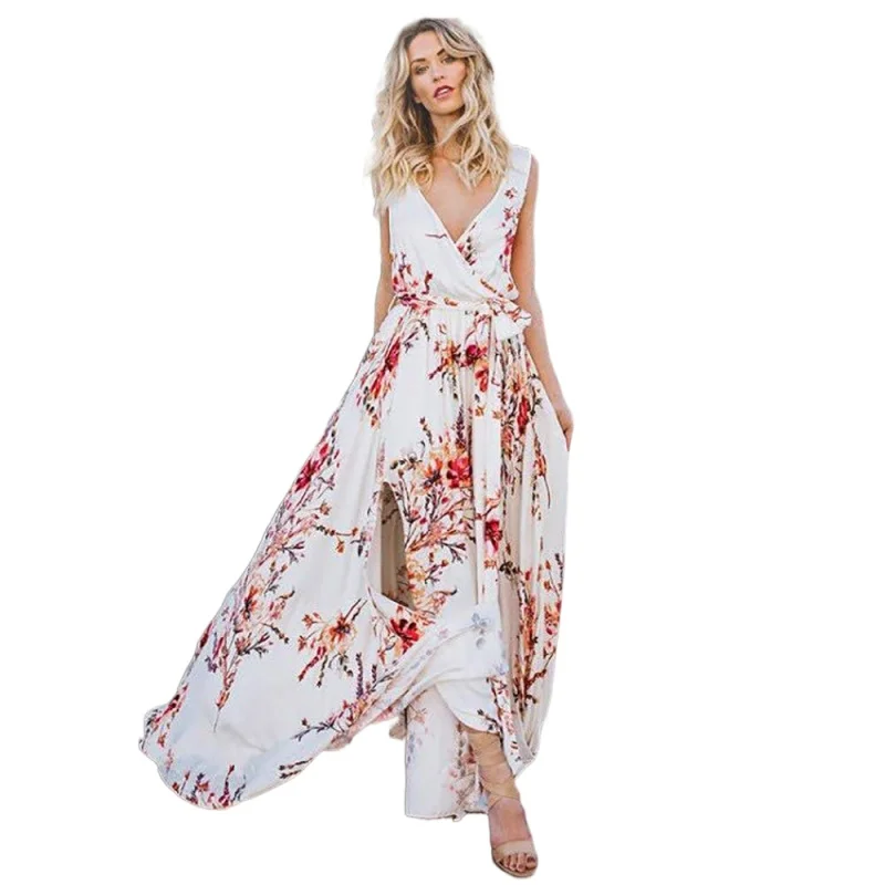 

Women White Floral Print Dress Sexy Summer Boho Deep V-neck Summer Maxi Dress Split Drawstring Beach Dresses Vestidos