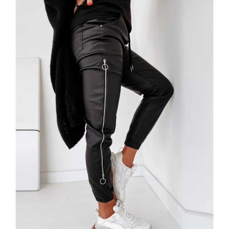 

2021 New Style Women's Zipper Design Drawstring Ruched PU Pants Black side zipper Pu women's pants Female Trousers