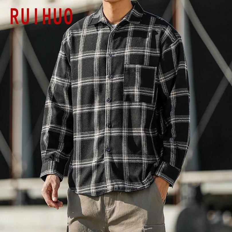 RUIHUO Повседневная рубашка в клетку Мужские приталенные мужские рубашки с длинным