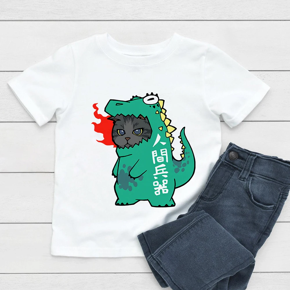 Женская футболка для маленьких мальчиков серая с изображением кошки в динозавре