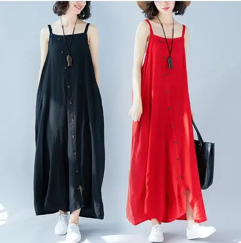 Летний женский комбинезон с косой пуговицей на тонких лямках свободный