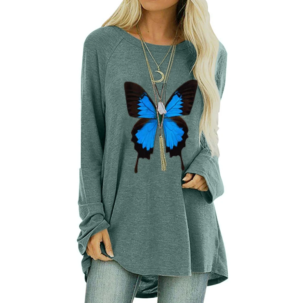 

#w Butterfly Printed Women Tee Shirt Round Neck Full Sleeve Mid Long Tee Top Oversize 6 Color Casual Irregular Ladies Shirts#e