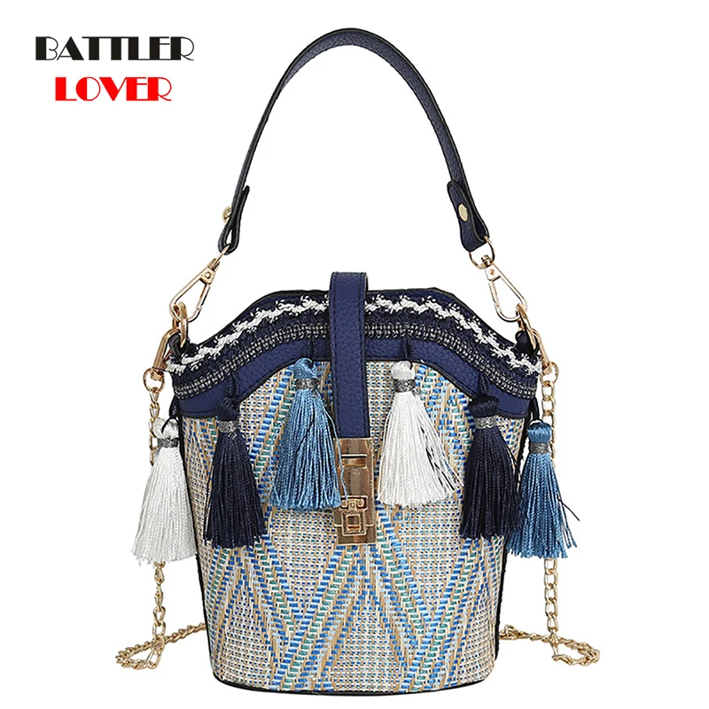 

2021 New Straw Rattan Women Bag Summer Cotton Rope Hollow Tassel Knitting Flap Bag Chic Handbag Lady Messenger Tote Bags Bolsas