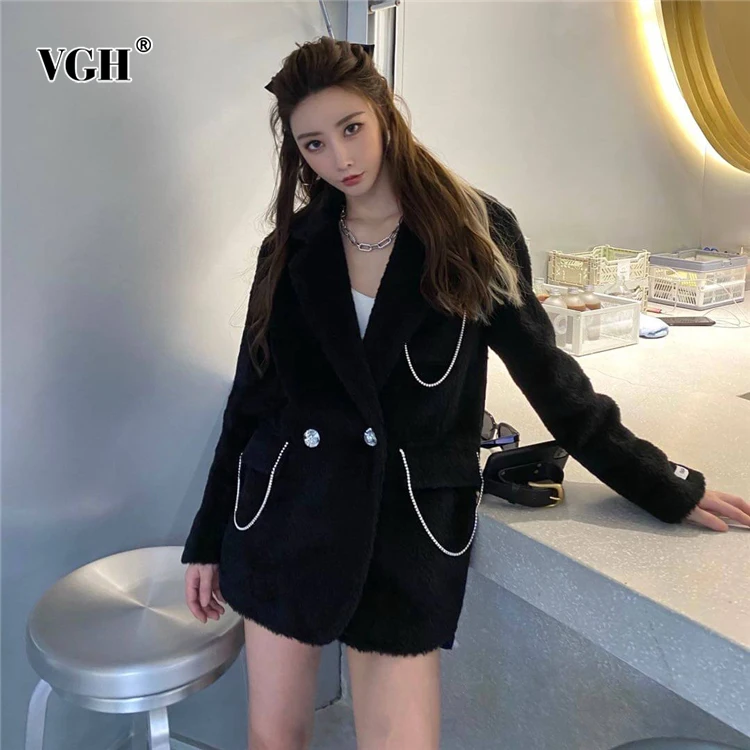 

VGH Casual Loose Solid Patchwork Pocket Coat Female Lapel Long Sleeve Fashion Temperament Coats For Women Autumn Style 2021 New