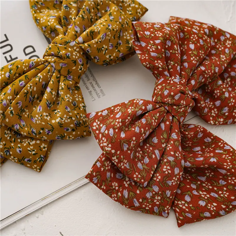 

Girls Floral Print Hair Clip Three-Layer Knotted Oversized Bow Tie Steel Hair Clip Women'S Elegant Wild Spring Clip New Arrival