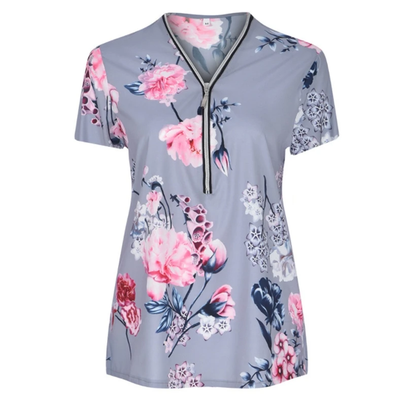 

Zipper V-Neck Shirt S-3XL Plus Size Tops Work Women Blouses Cotton New Fashion Fit Vintage Floral Print Shirts Dot Mujer Blusas