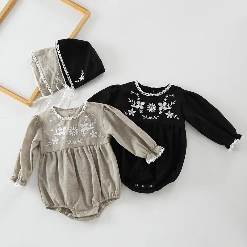 

2021 New Baby Girl Autumn Long Sleeve Bodysuit Flower Embroidery Infant Girls Boys Jumpsuit With Hat 2pcs Toddler Clothes