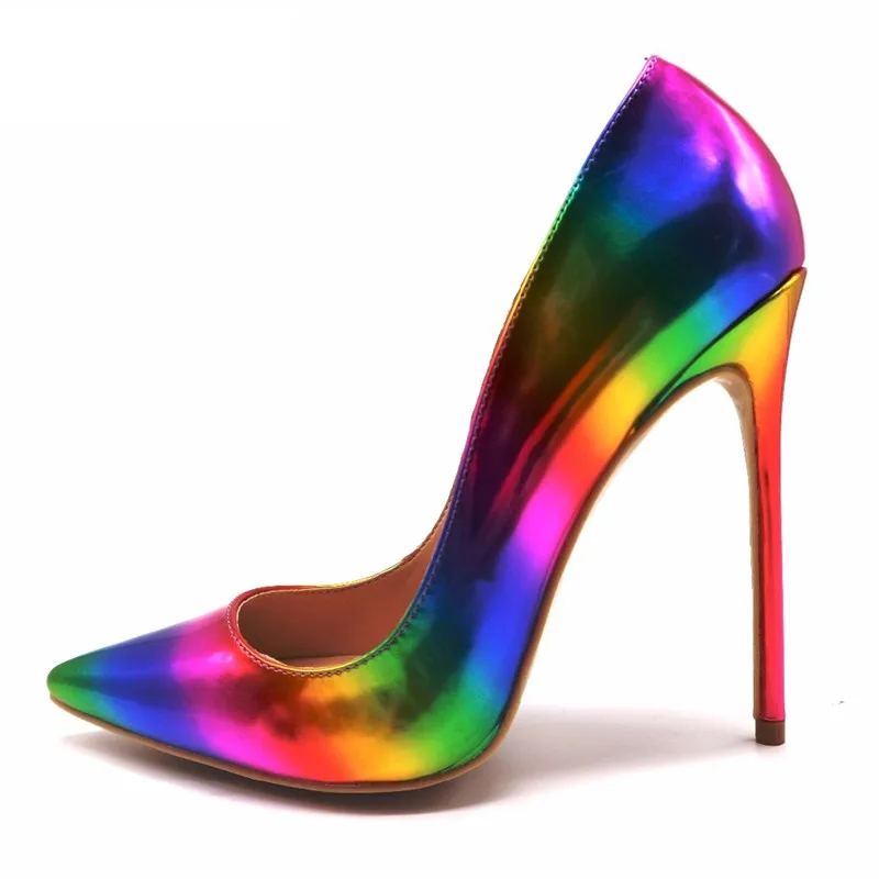 Женские туфли с острым носком лодочки на высоком каблуке 12 см 2020 8 принтом радуги