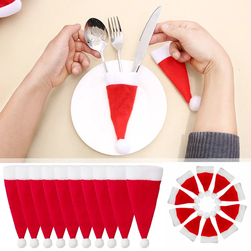 

1/5/10pcs Mini Christmas Hat Tableware Holder Bag Small Hat Party Dinner Knife Fork Set Pocket Cover Home Decors Merry Christma