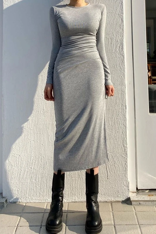

Side Split Bandage Irregular Dress Women's Pleated High Waist Slim Dress Autumn Long Sleeve Bodycon Sexy Dress Women