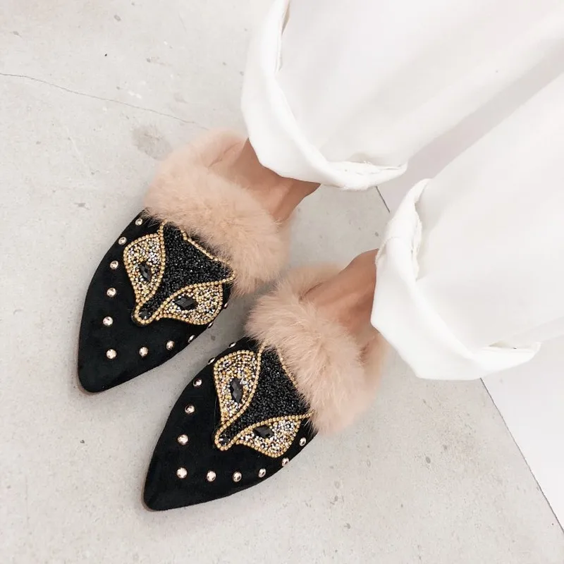 Женские Кристальные заклепки из натуральной замши с кроличьим мехом стразы