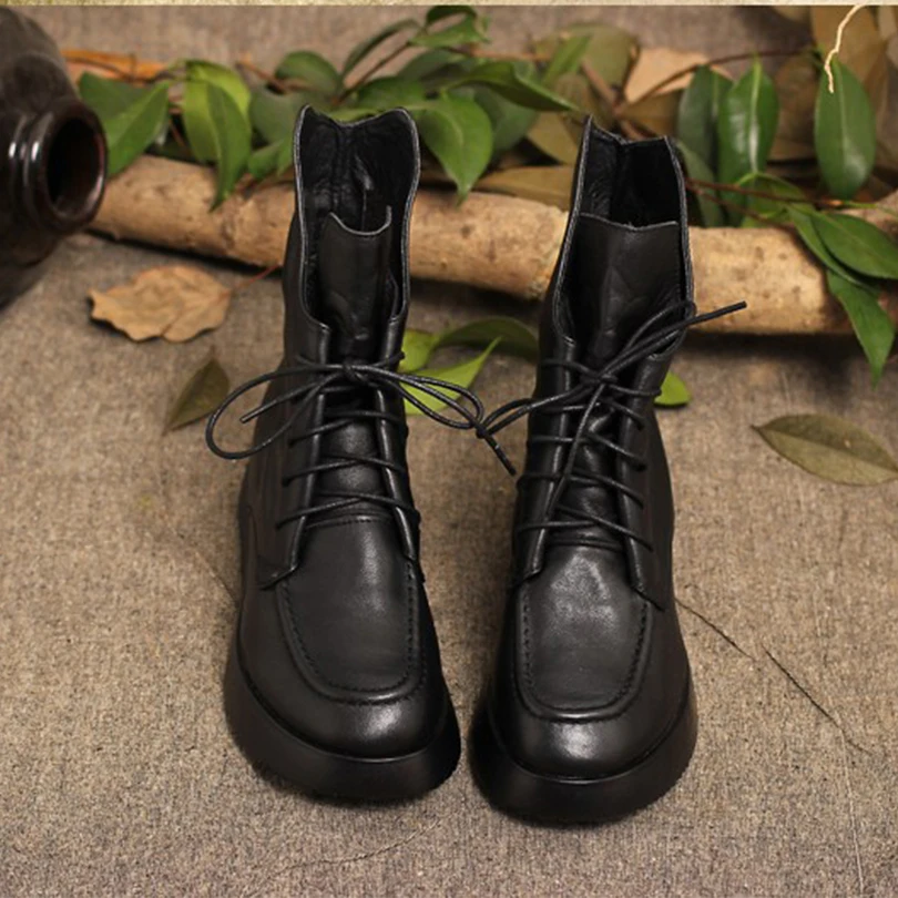 Зимние черные ботинки из натуральной коровьей кожи женская Винтажная обувь на