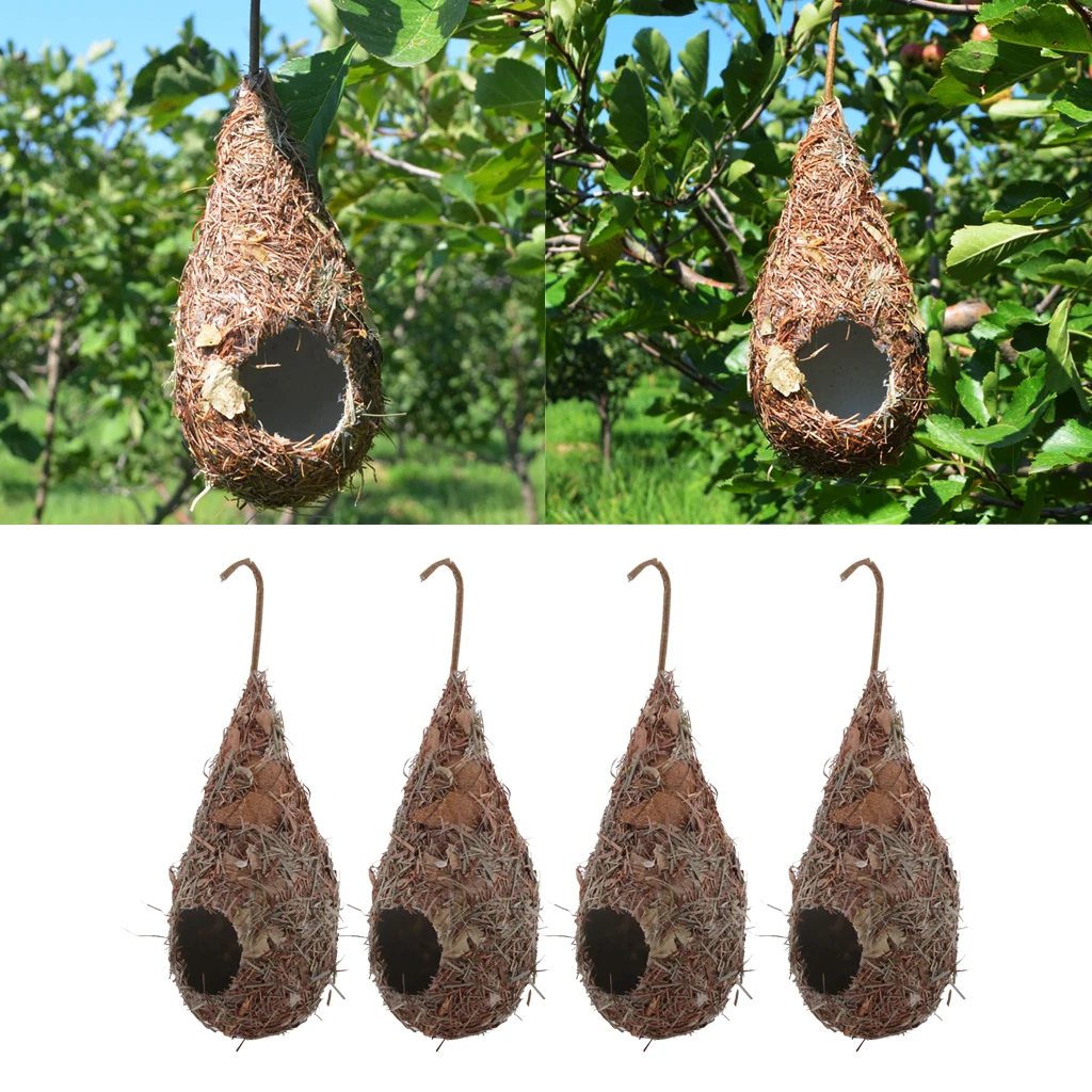 

4 Packs Handmade Natural Straw Bird Nest Birdhouse Hanging Decor for Outdoor Tree Decoration