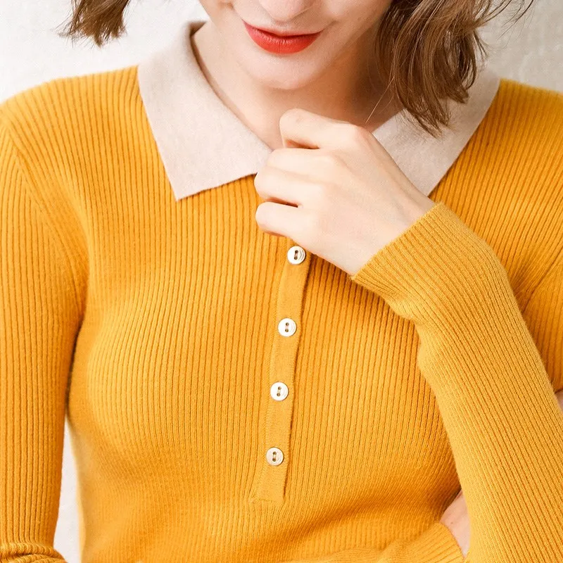 Yellow-PJS Polo Очень эластичный пикантный зауженный американский стиль весна осень зима для женщин вязать сшивание цвет поло воротник с отворотом свитер пуловер - Цвет: Yellow-PJS Polo