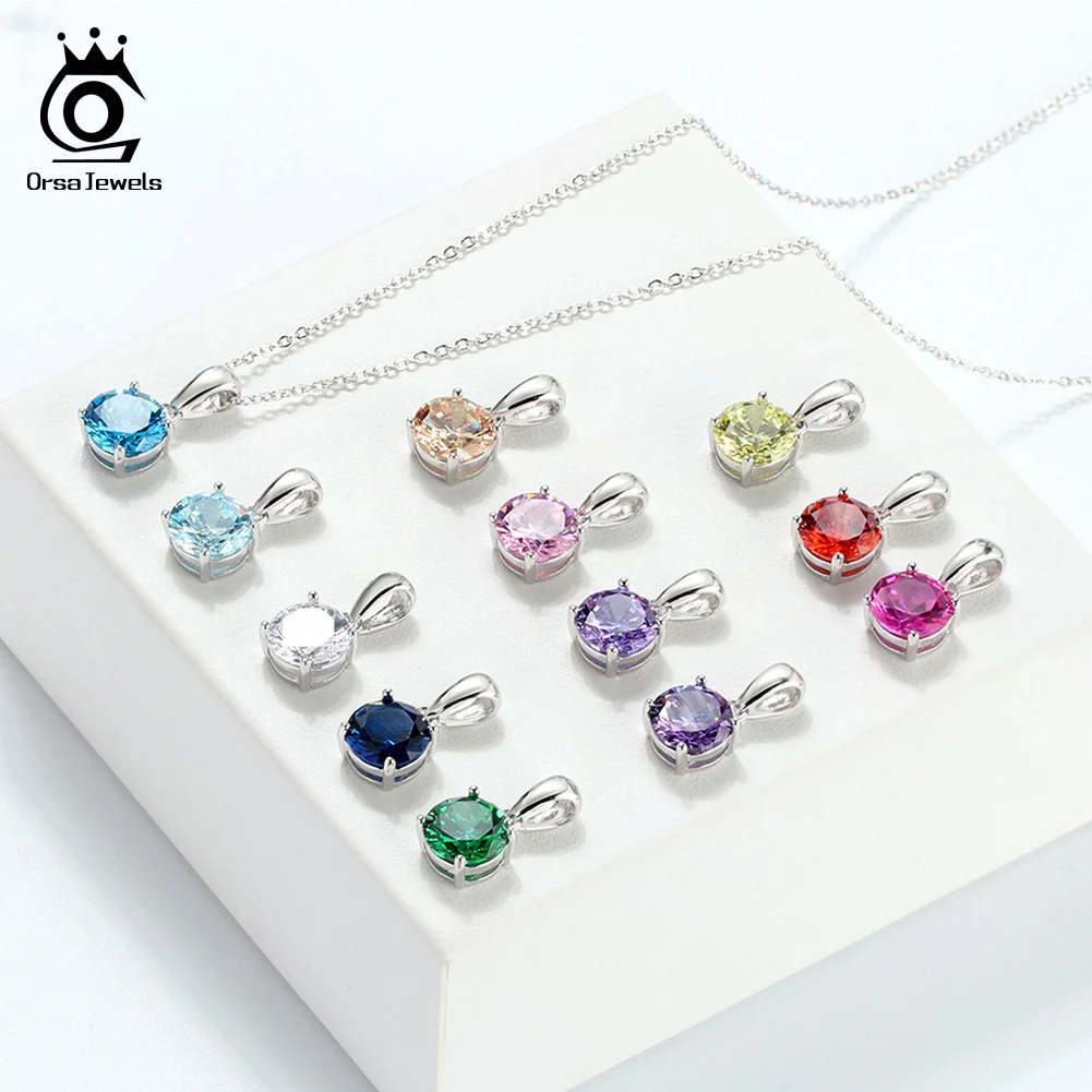 

ORSA JEWELS 925 Sterling Silver Women Necklaces 12 Color Month Lucky Birthstone AAA CZ Zircon Pendant Necklace for Girls SN118