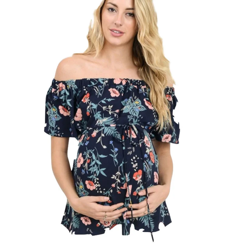 

Maternity One Neck Loose Lace Up Short Sleeve Printed Maternity Top Maternity Dress