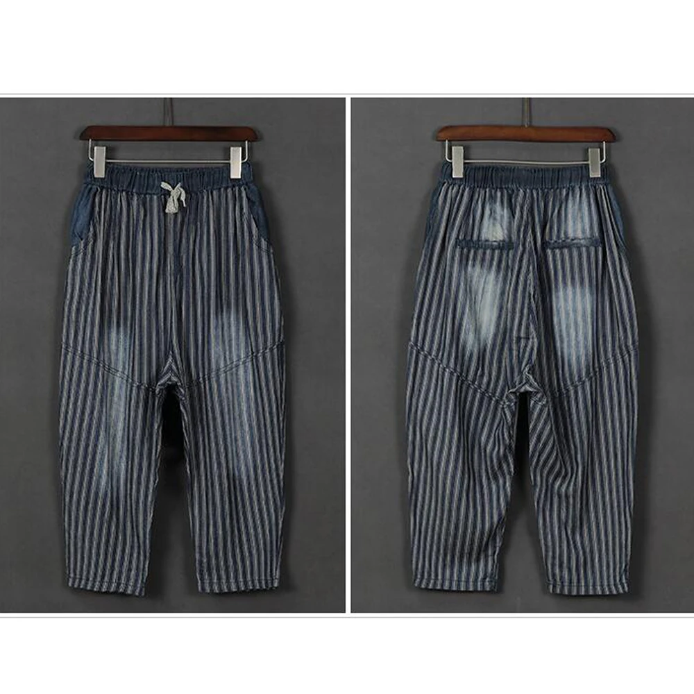 

Spring Summer Plus Size Women Denim Harem Jeans Pants Elastic Waist Striped Fashion Casual Ankle Length Baggy Trousers For Woman