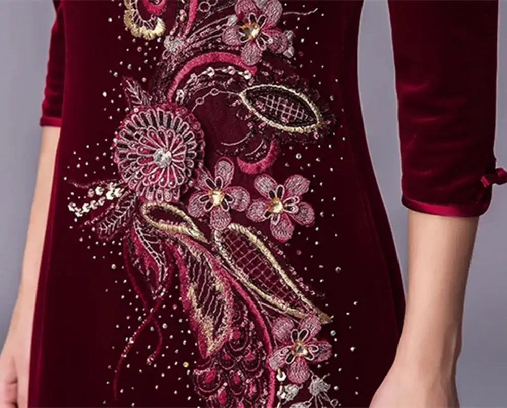 Длинное пальто для девочек бархатное китайское платье с разрезами по бокам и