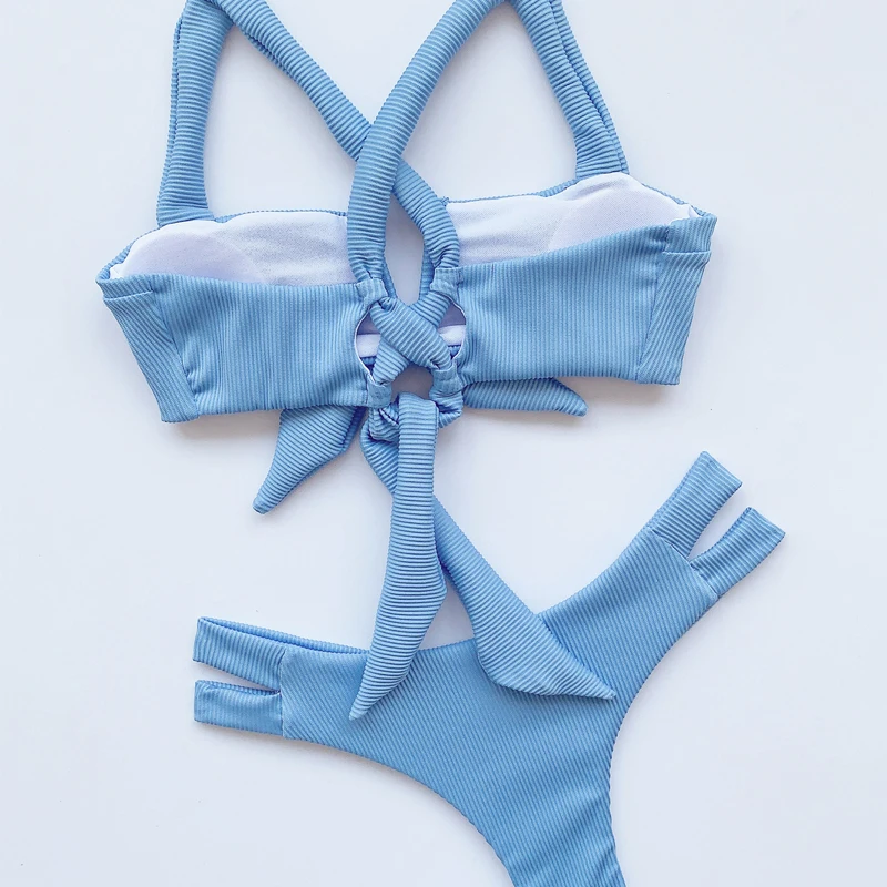 

Sexy Solid Bikini Women Summer Suits Swimwear High Waisted 2021 Cross Back Bikini V-neck Bathing Suit Knot Bandage Swimsuit