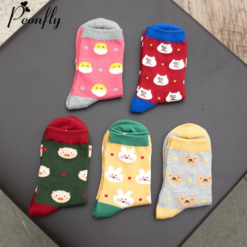 Носки PEONFLY 5 пар/лот женские милые Мультяшные модные хлопковые носки с забавными