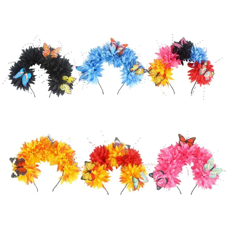 

Halloween Chrysanthemum Headband Flower Crown Butterfly Beaded Party Headpiece