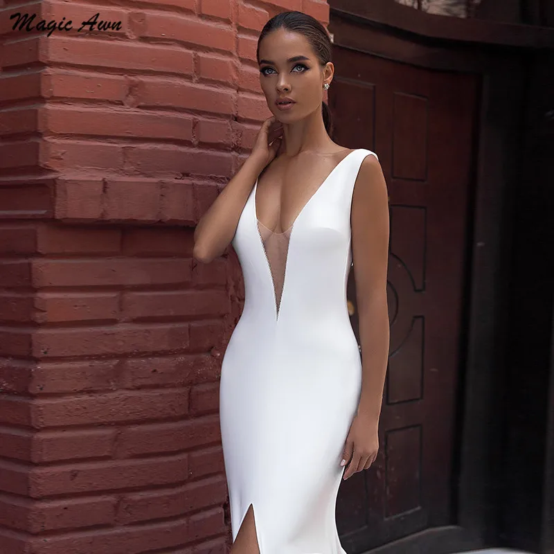 

Magic Awn Simple Satin Mermaid Wedding Dresses V-Neck Front Split Open Back Boho Wedding Party Gowns Cheap Robe De Mariage