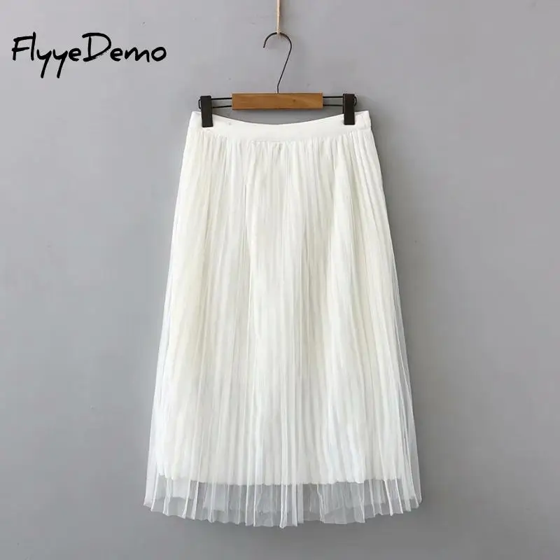 

Womens Vintage Pleated Midi Long Skirt Female Korean Casual High Waist Mesh Chiffon Skirts 2021 Summer Hot Sale Plus Size