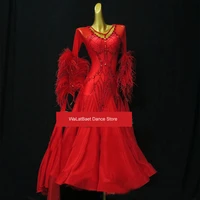 womens ballroom dance dress round neck long sleeve tango salsa latin dance dress with red feather