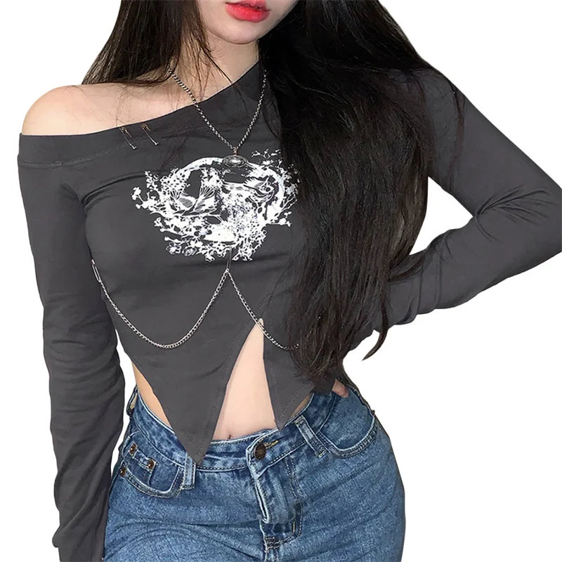 

Женские футболки hirigin в стиле Харадзюку, топы с открытыми плечами, укороченные топы 2021, футболки с длинным рукавом и асимметричным принтом в ...