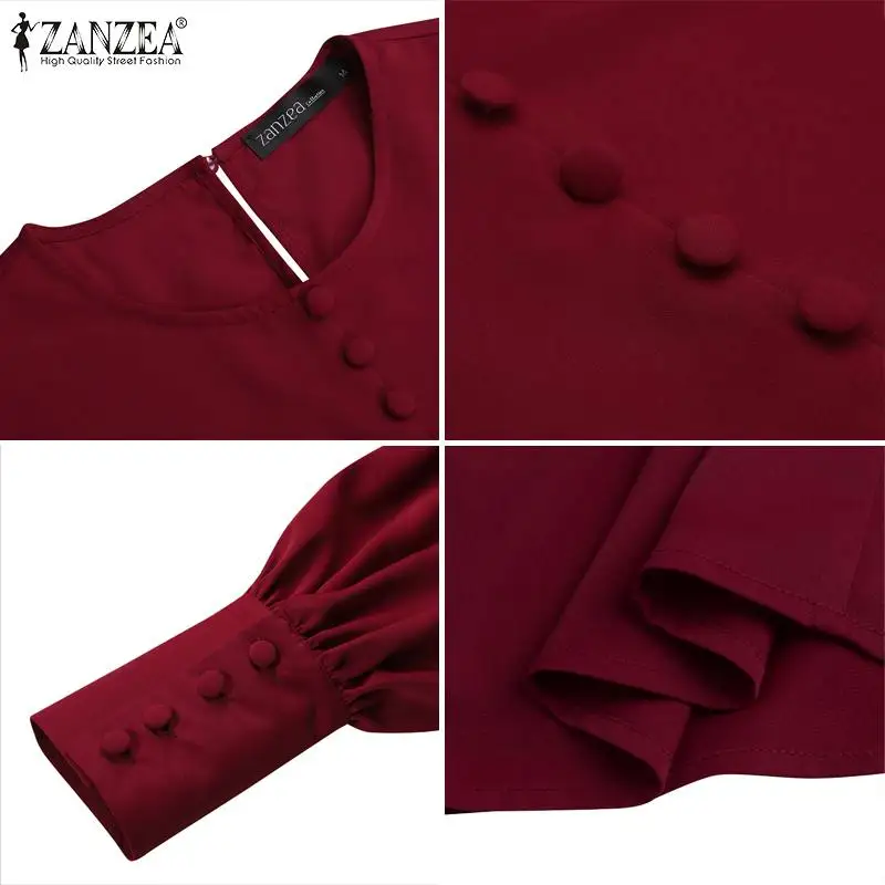 

Ladies Office Work Blusa Womens 2021 Spring Autumn Tops ZANZEA Basic Puff Sleeve Blouse Casual Solid Vintage Shirts Oversize 5XL