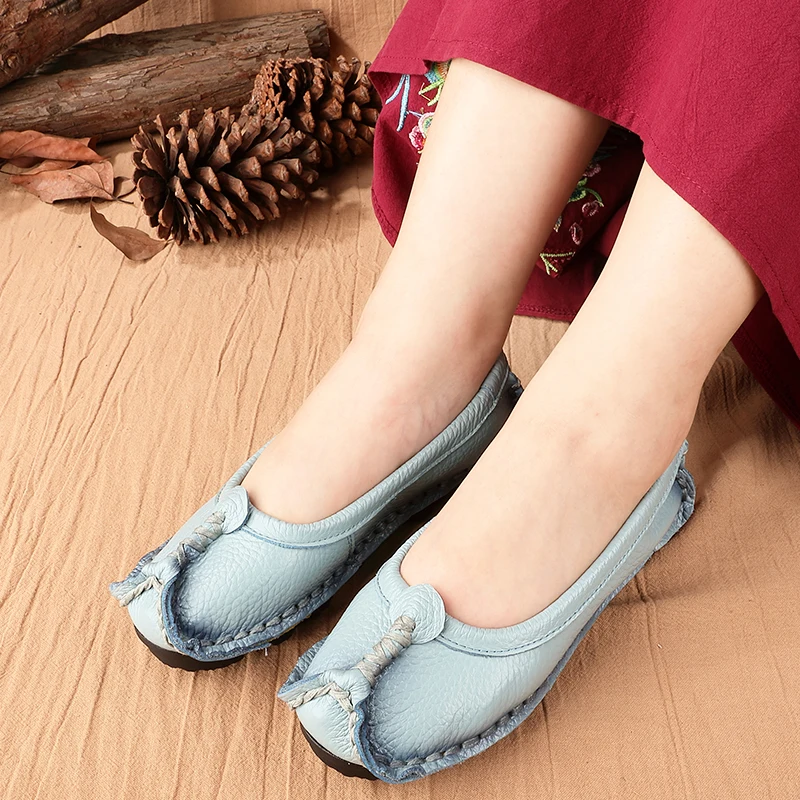 RUSHIMAN New Real Leather Shoes Flat Shoes Large Mom Shoes Soft Bottom Comfortable Women's Shoes Bean Shoes Size 35-41