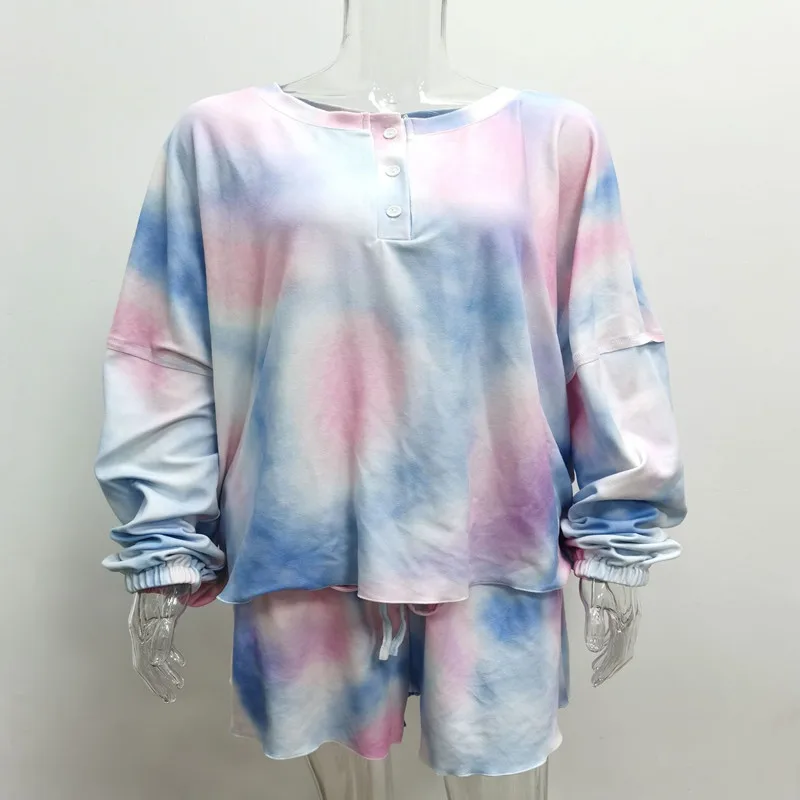 

Women Two Pcs Sets 2020 Casual Button Lantern Long Sleeve Top Elastic Lace Up Sexy Shorts Ladies Home Suits Plus Size Tie Dyed