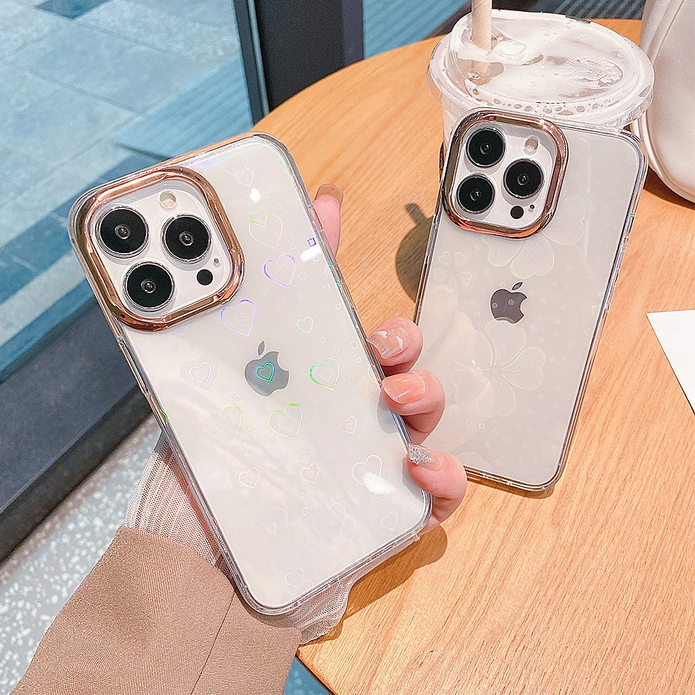 

3D Love Plating Laser Transparent Phone Case For Apple iphone 13 12 11 Pro Max 7 8 Plus X XR XS MAX 13 Back Cover Luxury Coque