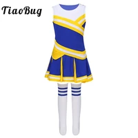 tiaobug kids teens school girls cheerleading uniform tops with pleated skirt socks outfit stage performance jazz dance costume