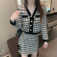 autumn new knitted two piece set women vintage chic plaid stitching long sleeve cardigan sweater jacket skirt suit female